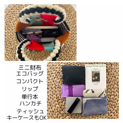 HarakadoのCholado Bag Small（ピンクとミント）と、その中身を織りマットの上に展示。バッグには、ミニウォレット、エコバッグ、エシカルなコンパクトメイクアイテム（エシカル）、本、ハンカチ、リップクリーム、ティッシュパック、キーケースが入っています。左側には、これらのアイテムの説明が日本語で書かれています。