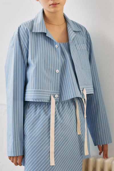 Cropped Silk Shirt【Blue stripe】