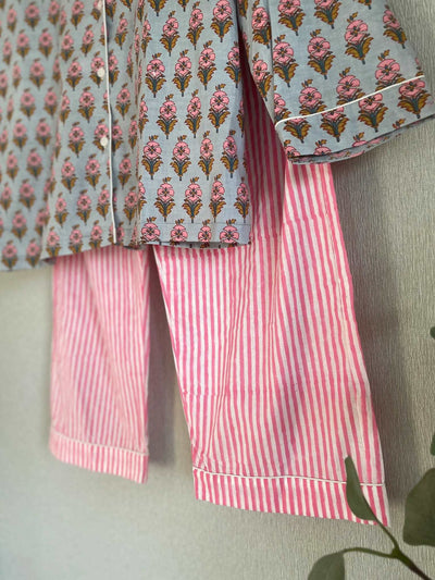 Original パジャマセット (Pink & Glay) ポーチ付き ( Flower& Stripe)