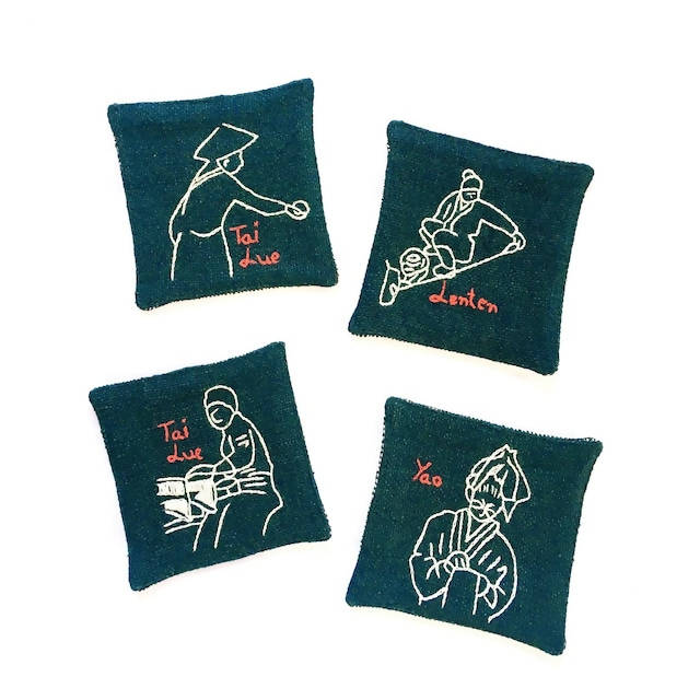 ラオスの手織り草木染コットン　コースター　少数民族刺繍柄　